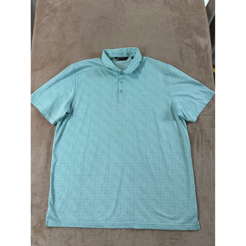 Travis Mathew Polo Shirt Men's Size 2XL Blue Geometric AOP Pattern Design EUC